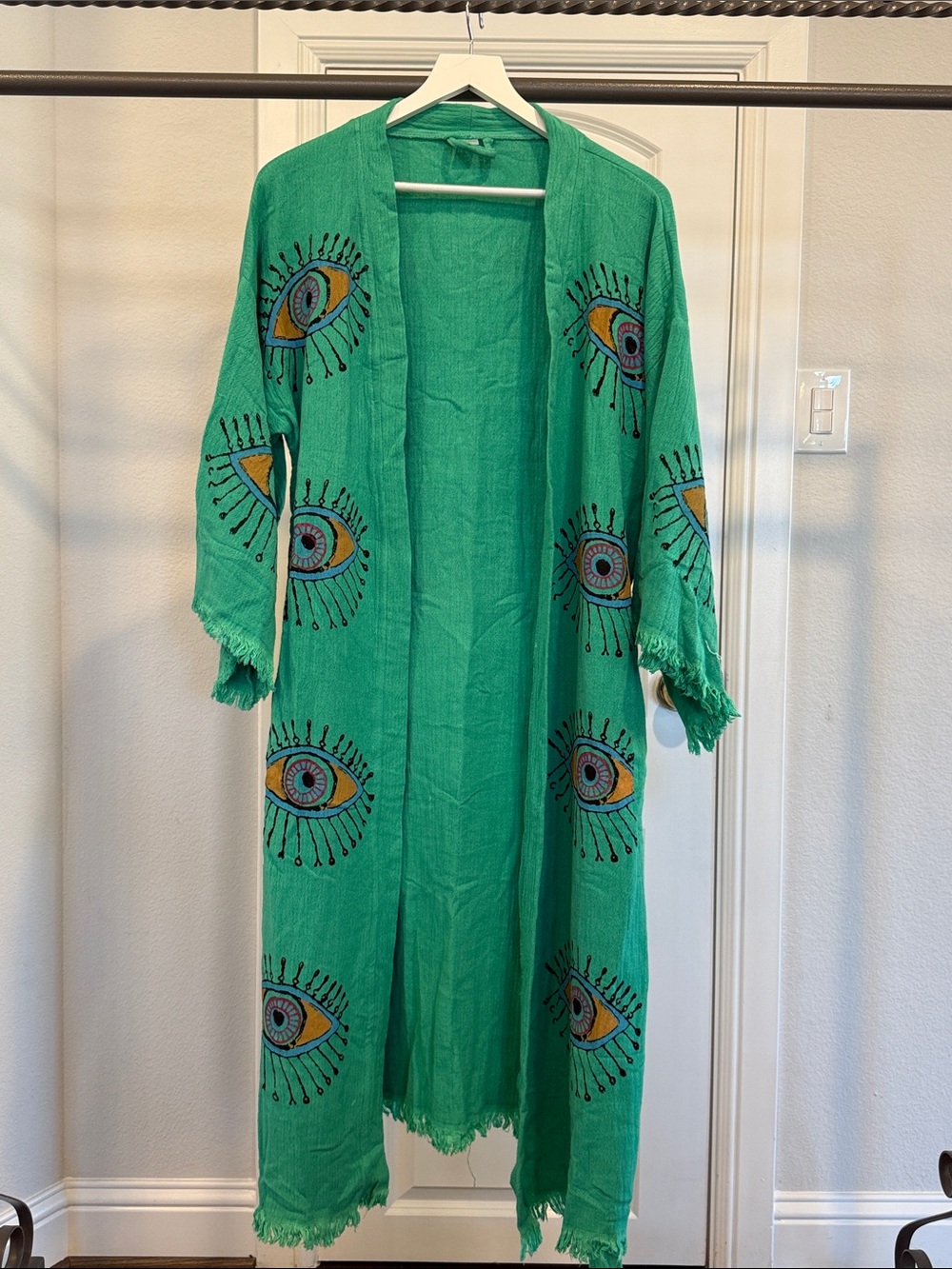 NWOT GREEN  Eye-Embroidered Open Front Robe FREE SIZE